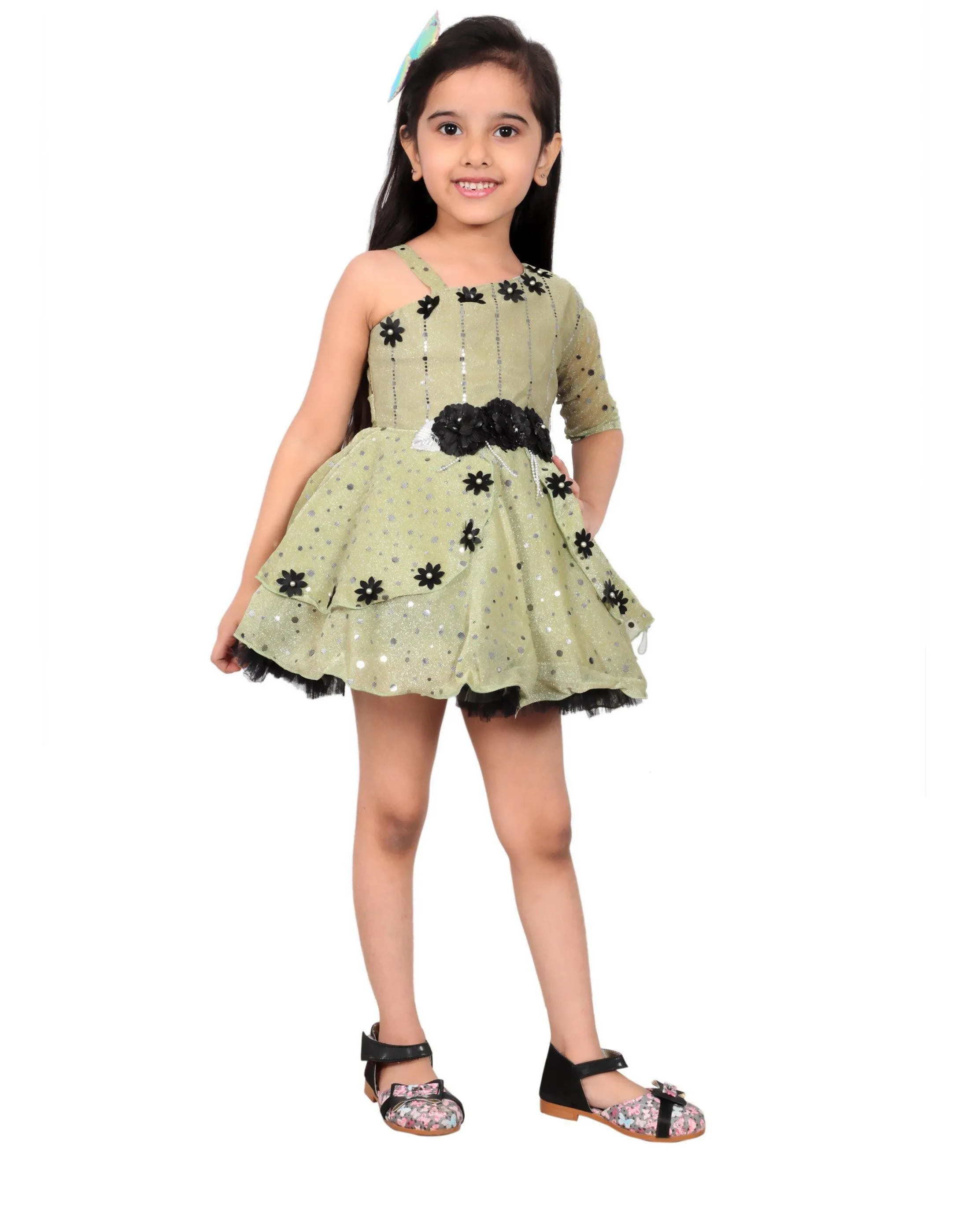 Ahhaaaa Embellished On-Shoulder Party Dress for Girls