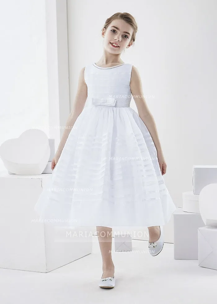 Bateau Neck Sleeveless Tea Length Ball Gown Organza First Communion Dress