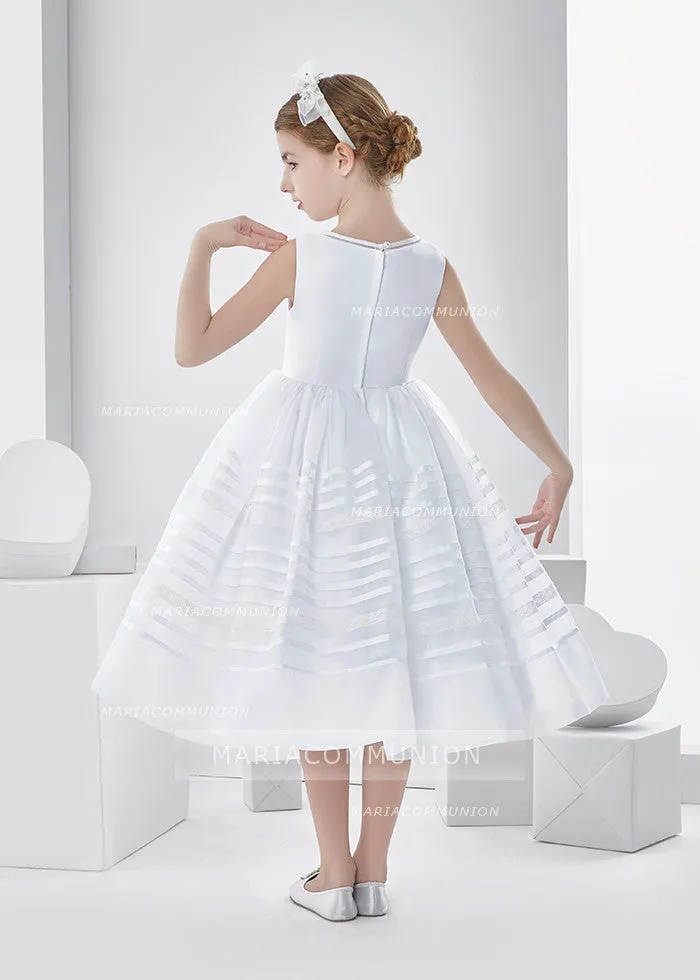 Bateau Neck Sleeveless Tea Length Ball Gown Organza First Communion Dress