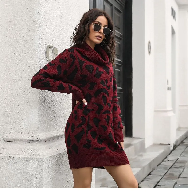 BerriesJam - 2024 Short Casual Pile Collar Leopard Knitted Dress