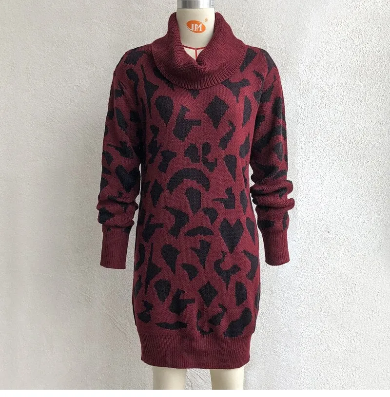 BerriesJam - 2024 Short Casual Pile Collar Leopard Knitted Dress