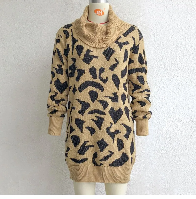 BerriesJam - 2024 Short Casual Pile Collar Leopard Knitted Dress