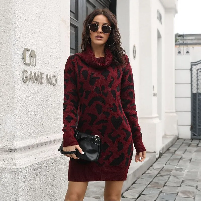 BerriesJam - 2024 Short Casual Pile Collar Leopard Knitted Dress