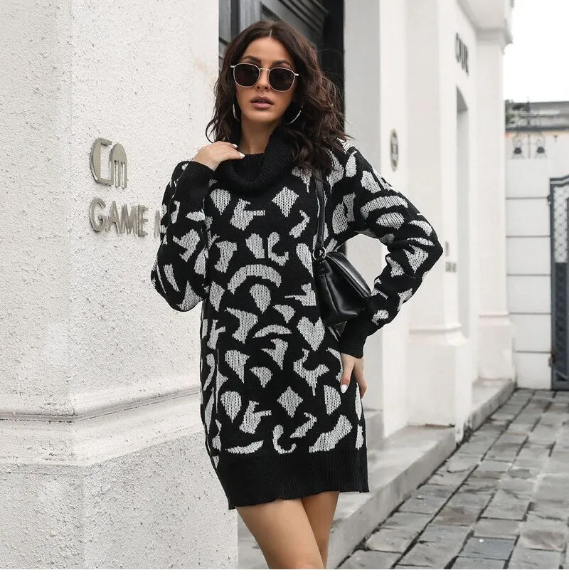 BerriesJam - 2024 Short Casual Pile Collar Leopard Knitted Dress