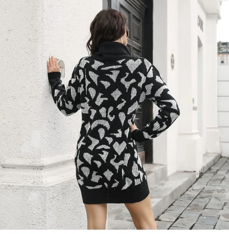 BerriesJam - 2024 Short Casual Pile Collar Leopard Knitted Dress