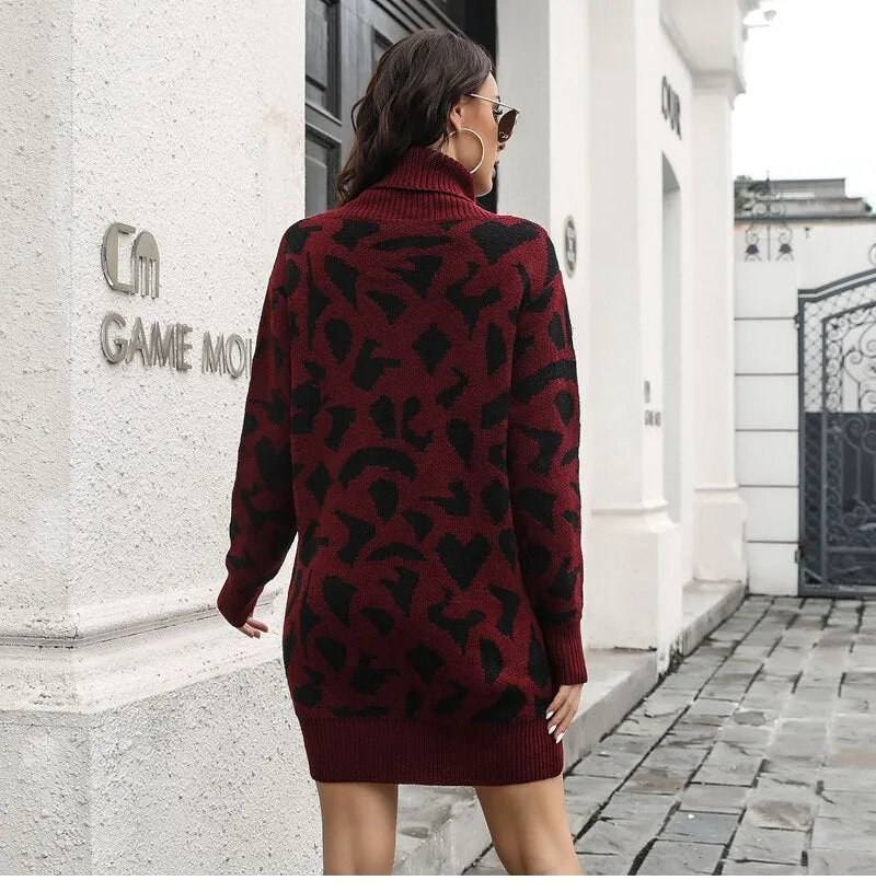 BerriesJam - 2024 Short Casual Pile Collar Leopard Knitted Dress