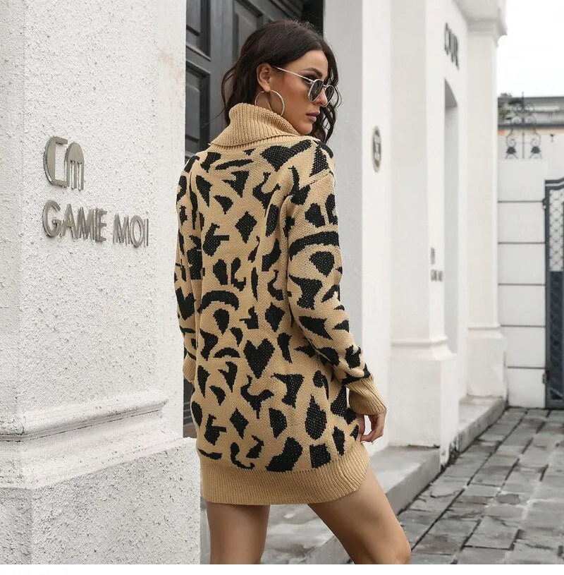 BerriesJam - 2024 Short Casual Pile Collar Leopard Knitted Dress