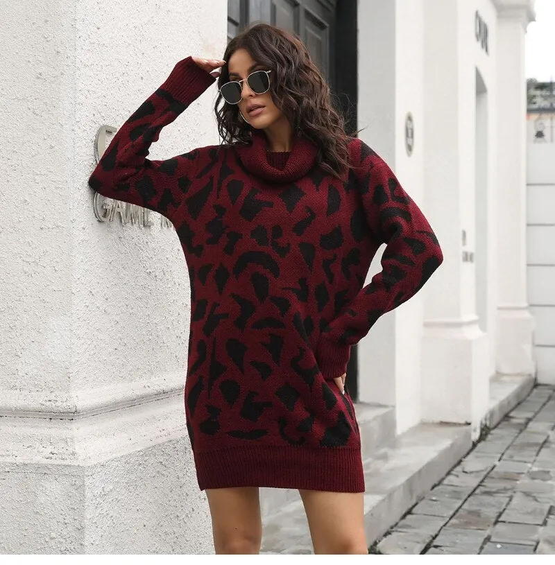 BerriesJam - 2024 Short Casual Pile Collar Leopard Knitted Dress