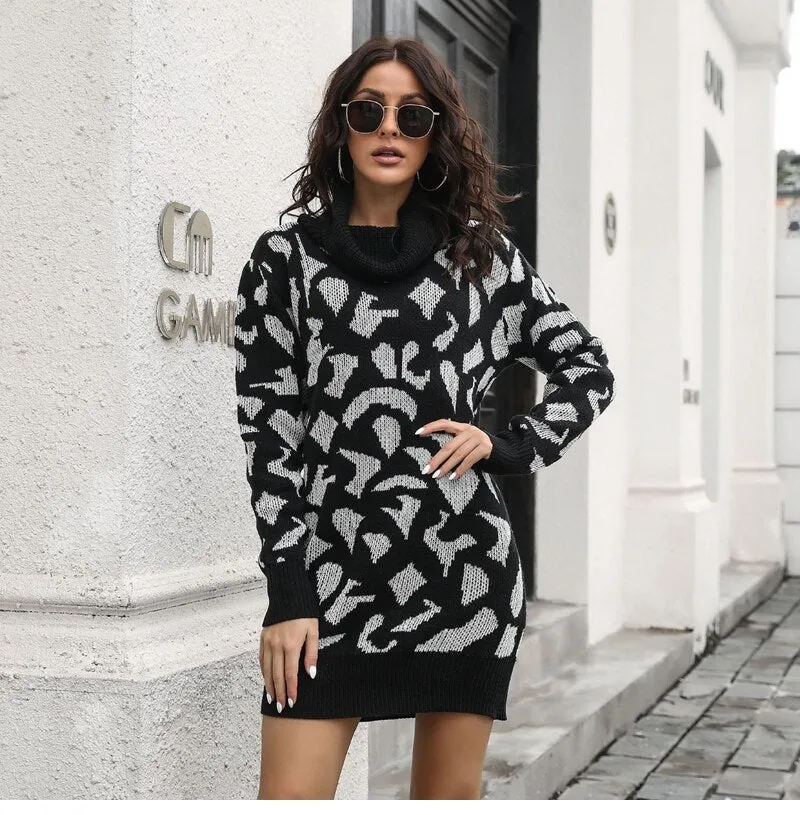 BerriesJam - 2024 Short Casual Pile Collar Leopard Knitted Dress