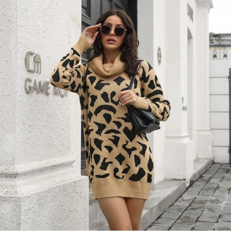 BerriesJam - 2024 Short Casual Pile Collar Leopard Knitted Dress