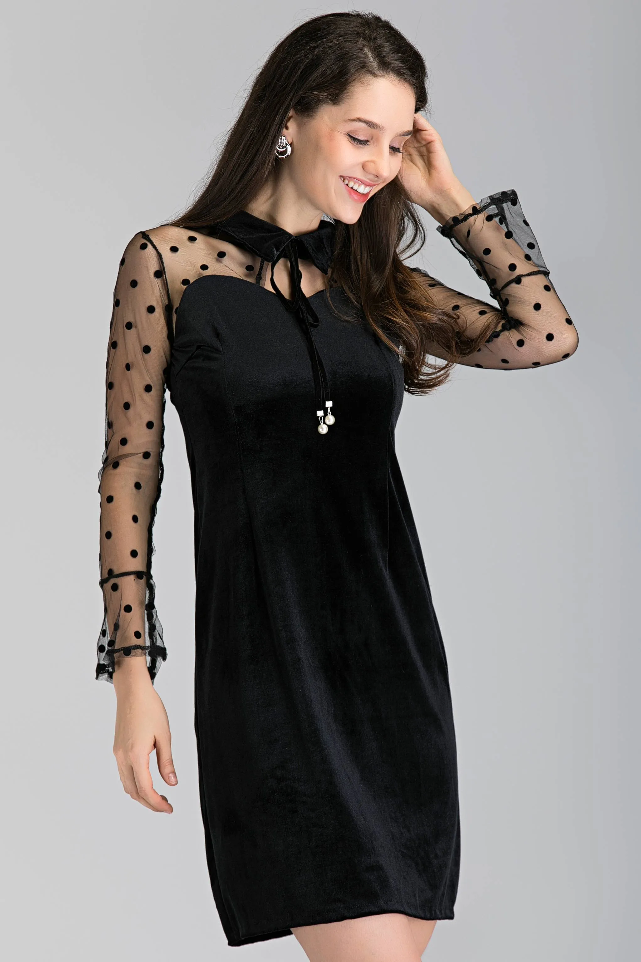 Black Velvet Sheer Sleeve Polka Dot Sleeve Midi Dress