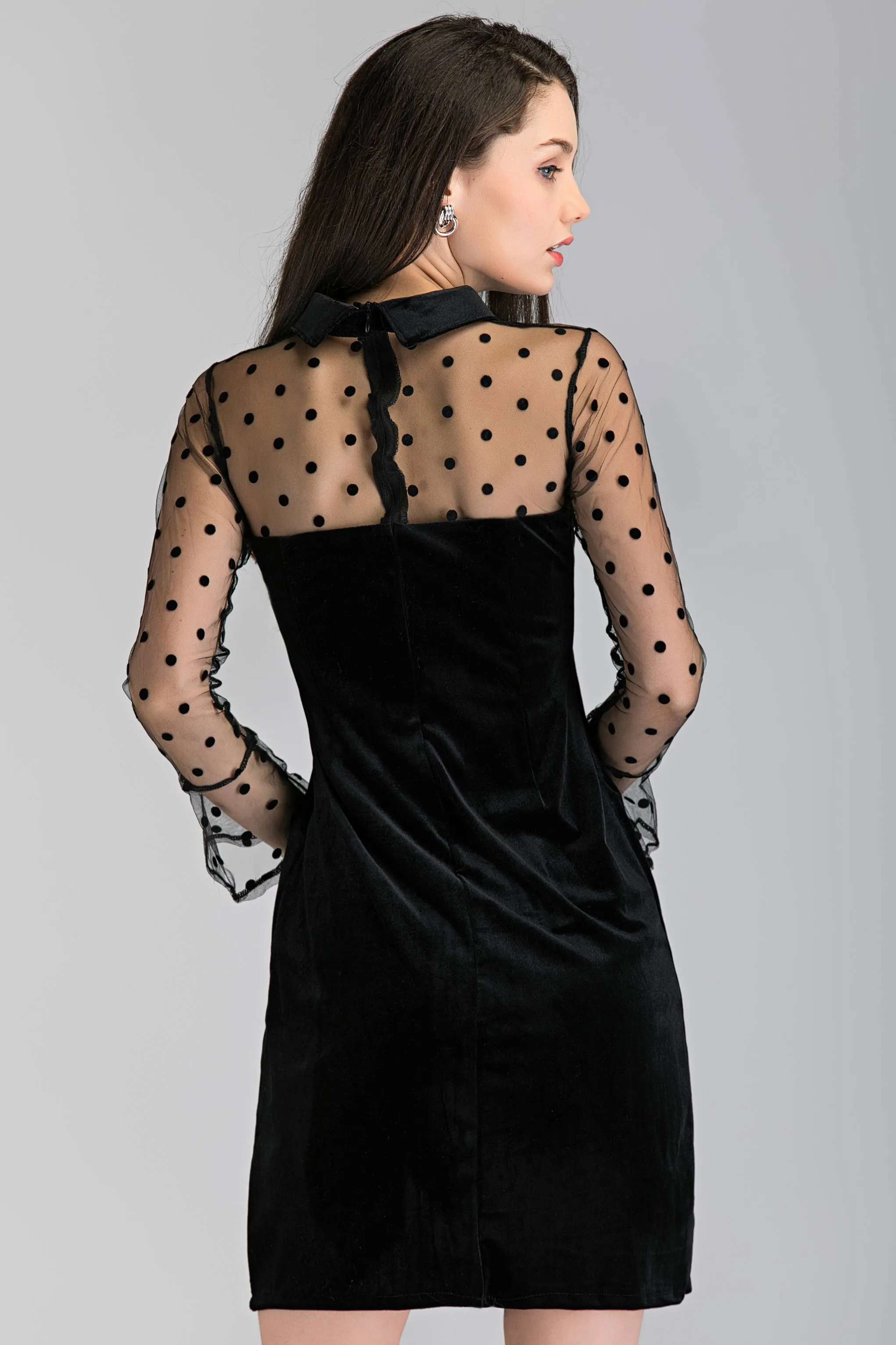 Black Velvet Sheer Sleeve Polka Dot Sleeve Midi Dress