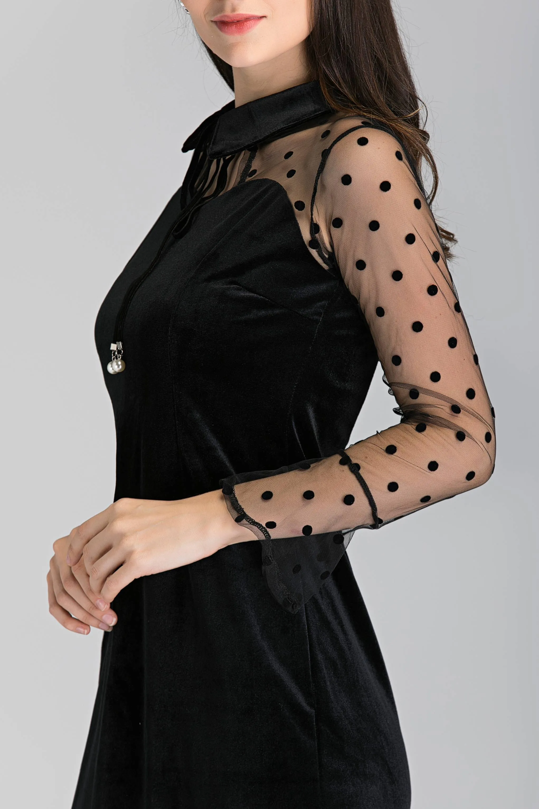 Black Velvet Sheer Sleeve Polka Dot Sleeve Midi Dress