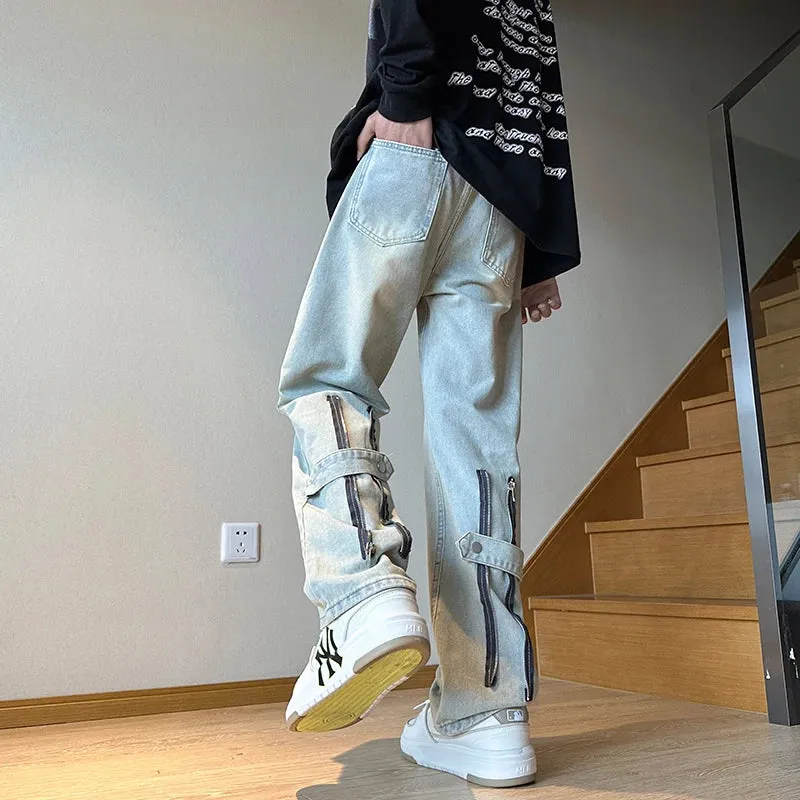 Bonsir American Zipper Design for Men's Jeans Street Hip-hop Straight Tube Loose Wide Leg Pants Y2K Pants Baggy Jeans