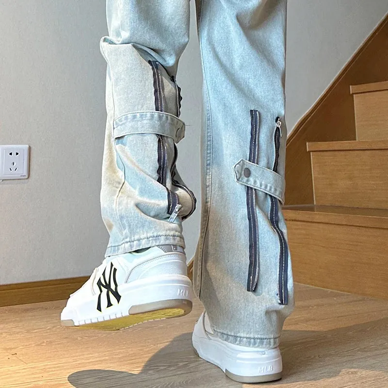 Bonsir American Zipper Design for Men's Jeans Street Hip-hop Straight Tube Loose Wide Leg Pants Y2K Pants Baggy Jeans