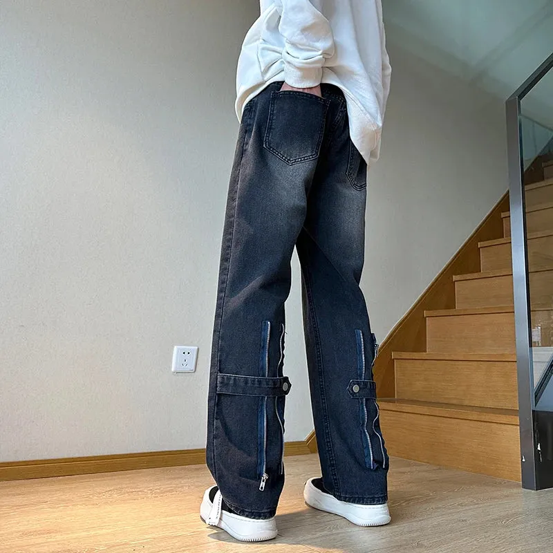 Bonsir American Zipper Design for Men's Jeans Street Hip-hop Straight Tube Loose Wide Leg Pants Y2K Pants Baggy Jeans