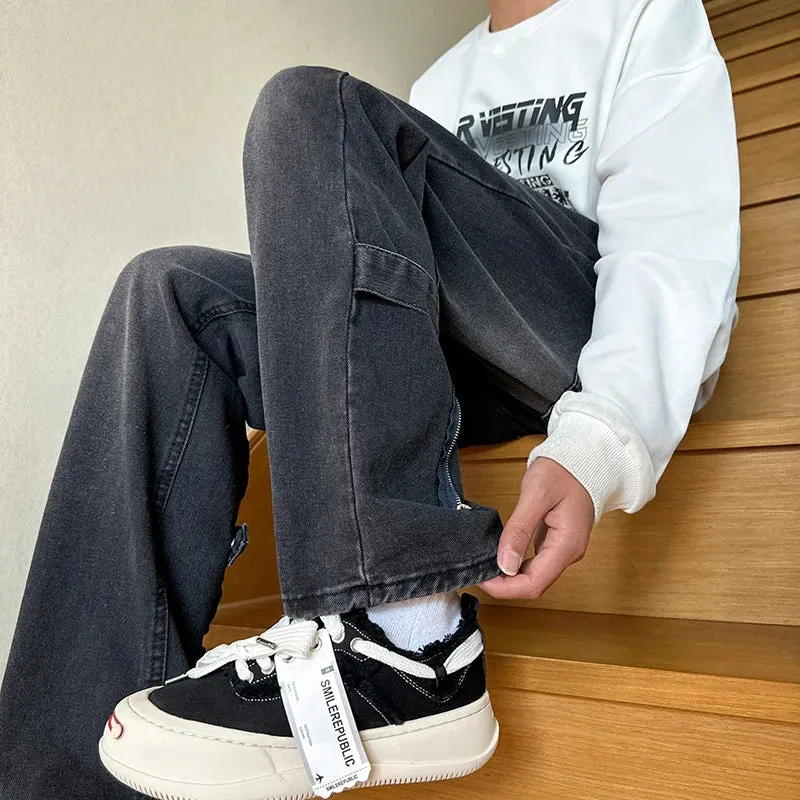 Bonsir American Zipper Design for Men's Jeans Street Hip-hop Straight Tube Loose Wide Leg Pants Y2K Pants Baggy Jeans