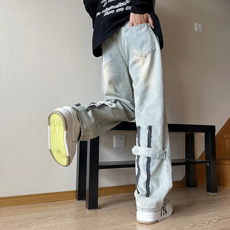 Bonsir American Zipper Design for Men's Jeans Street Hip-hop Straight Tube Loose Wide Leg Pants Y2K Pants Baggy Jeans