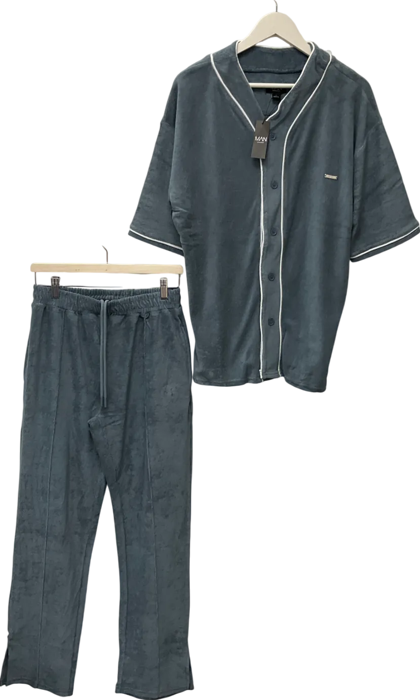 boohooMan Blue Oversized Premium Towelling Baseball T-shirt Tracksuit UK S