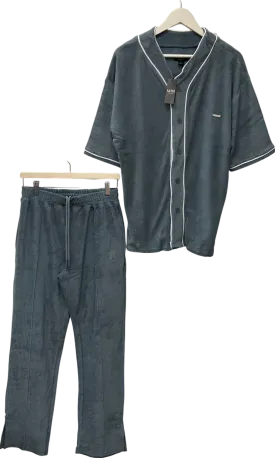 boohooMan Blue Oversized Premium Towelling Baseball T-shirt Tracksuit UK S
