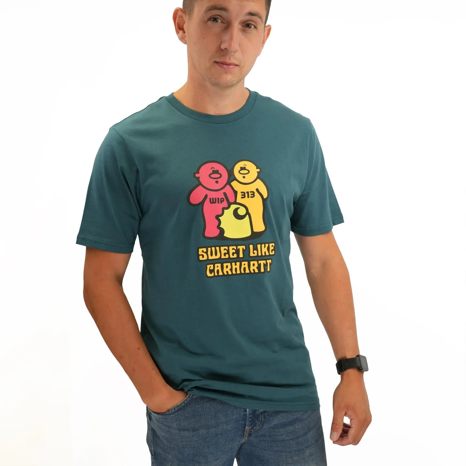 Mens Carhartt WIP T-Shirt in Gummy Bear Print - Petrol Green