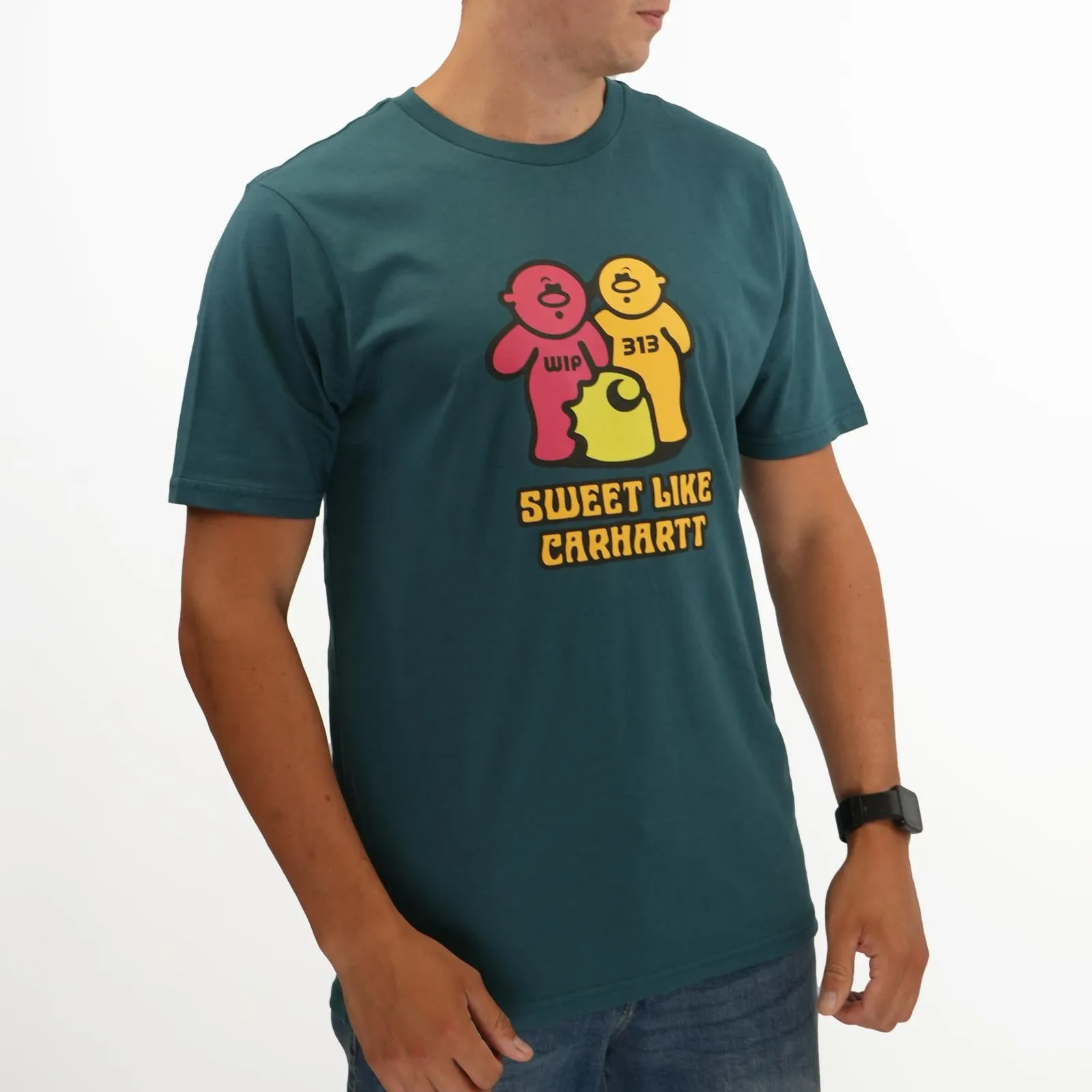 Mens Carhartt WIP T-Shirt in Gummy Bear Print - Petrol Green