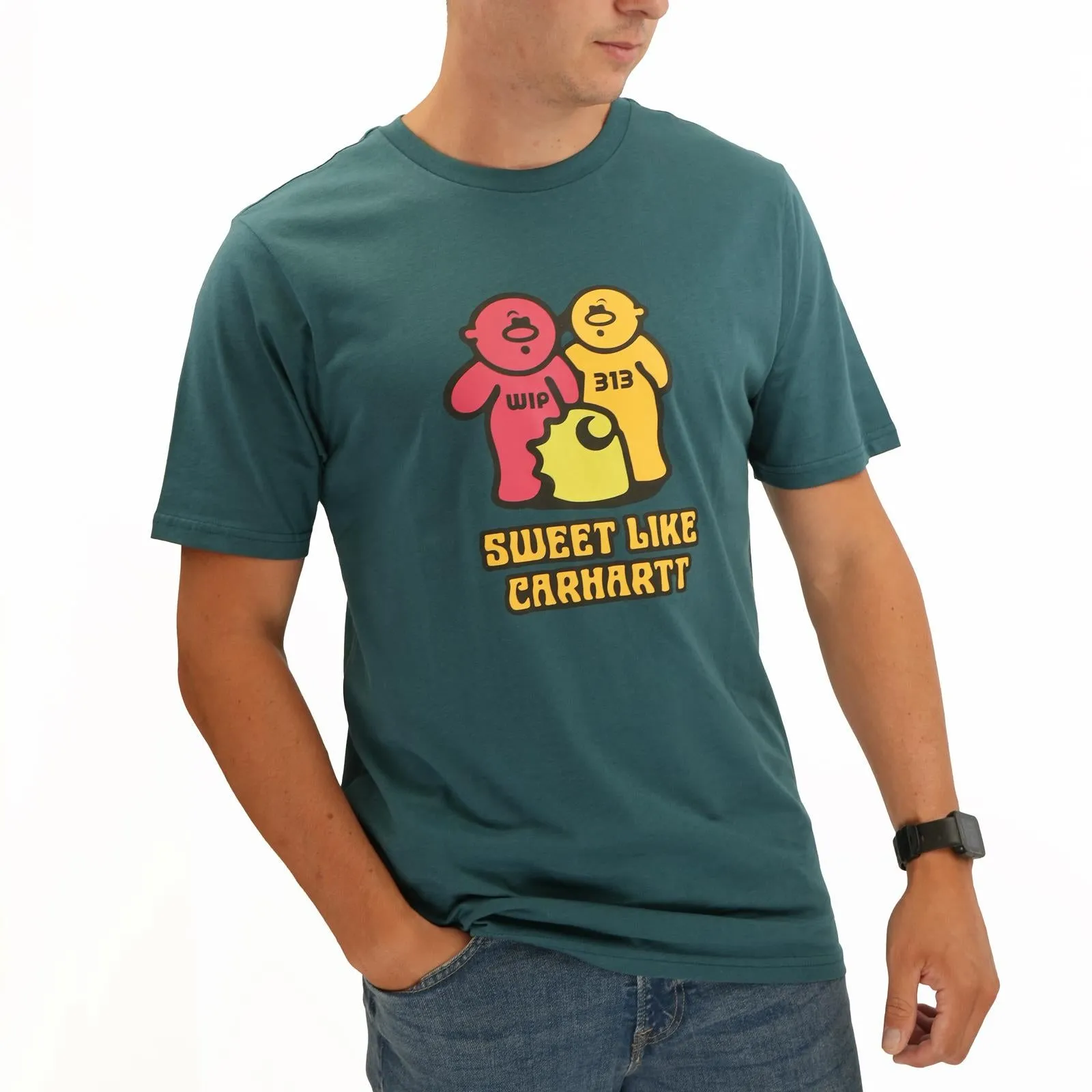 Mens Carhartt WIP T-Shirt in Gummy Bear Print - Petrol Green