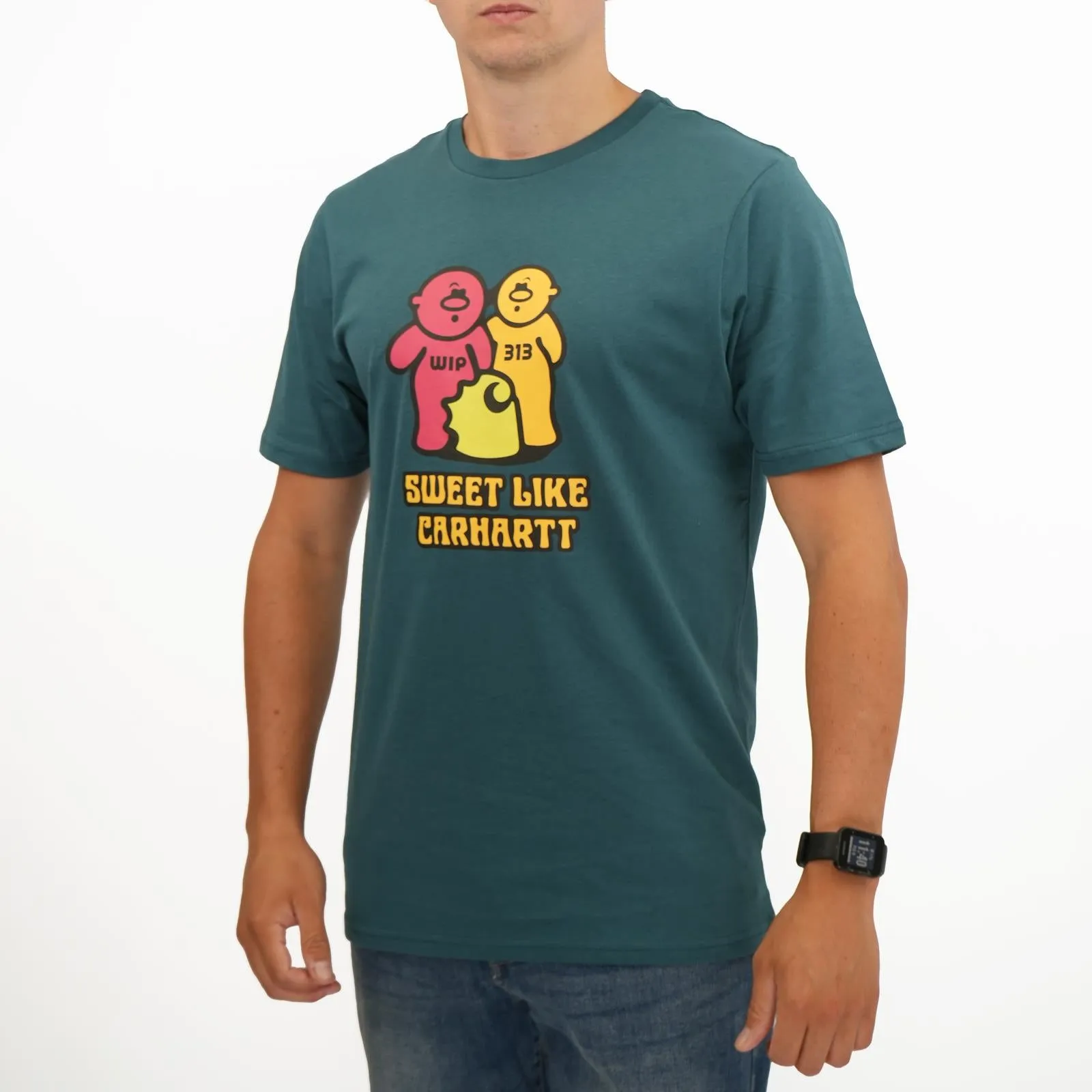 Mens Carhartt WIP T-Shirt in Gummy Bear Print - Petrol Green