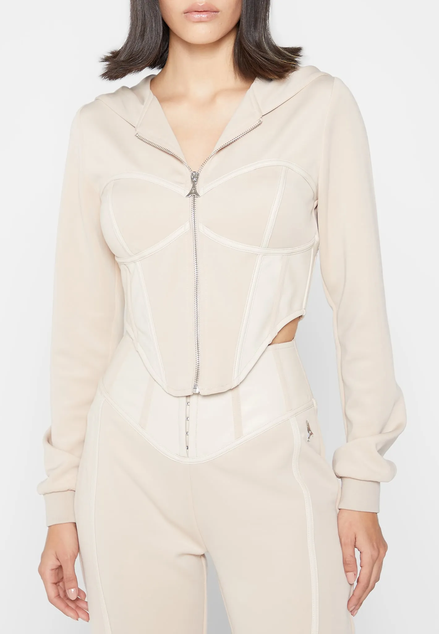 Corset Hoodie with Leather - Beige