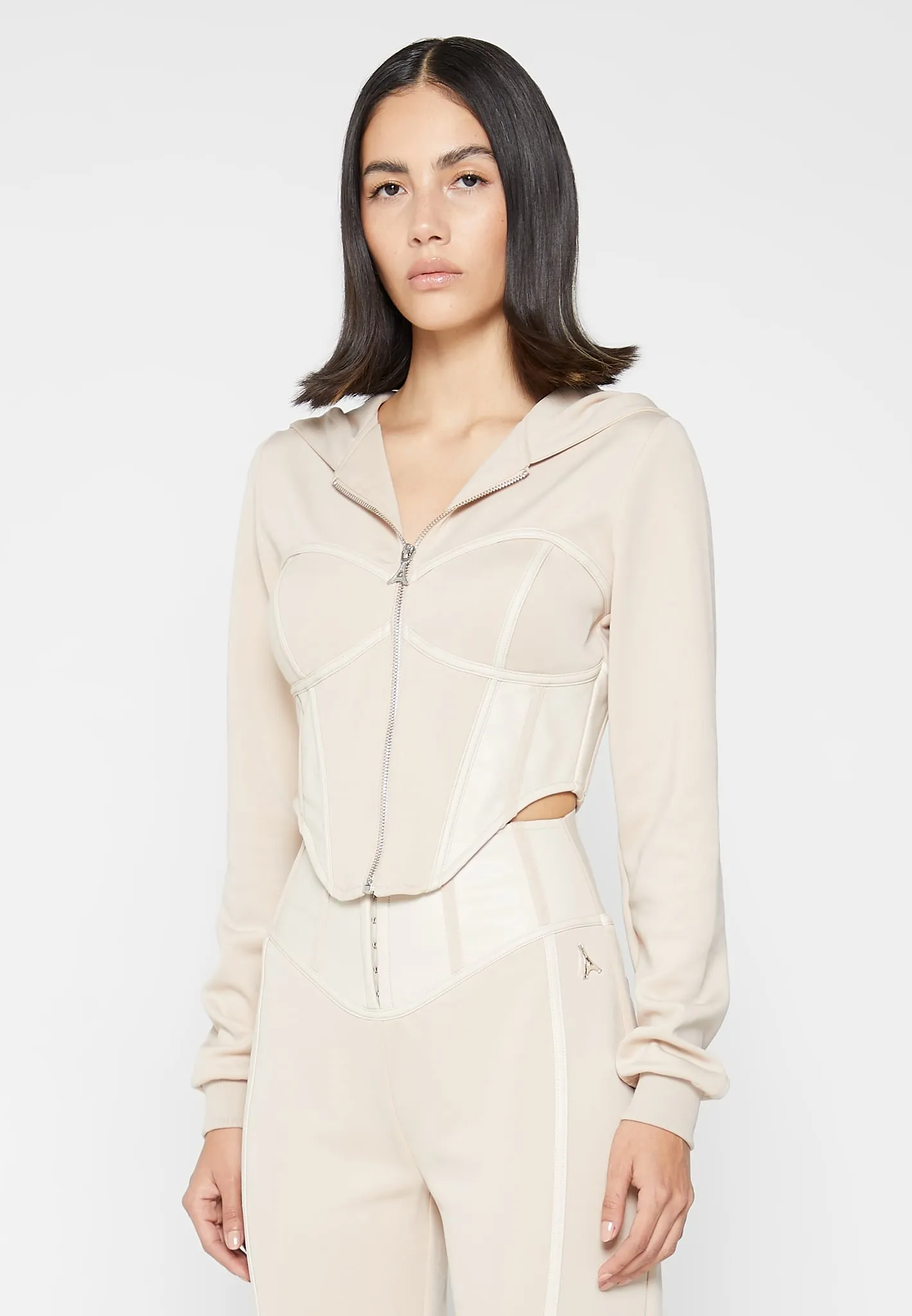 Corset Hoodie with Leather - Beige