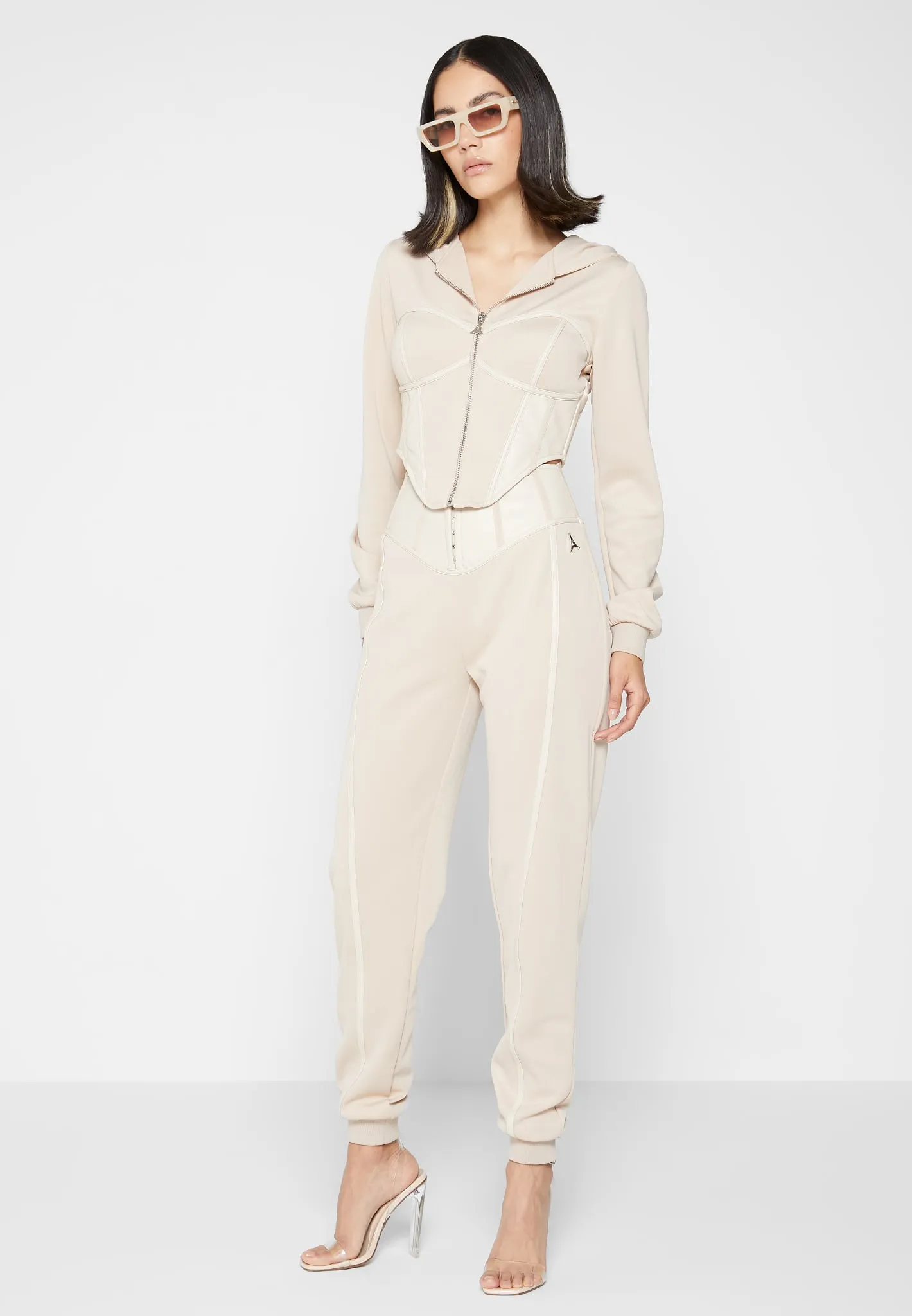 Corset Hoodie with Leather - Beige