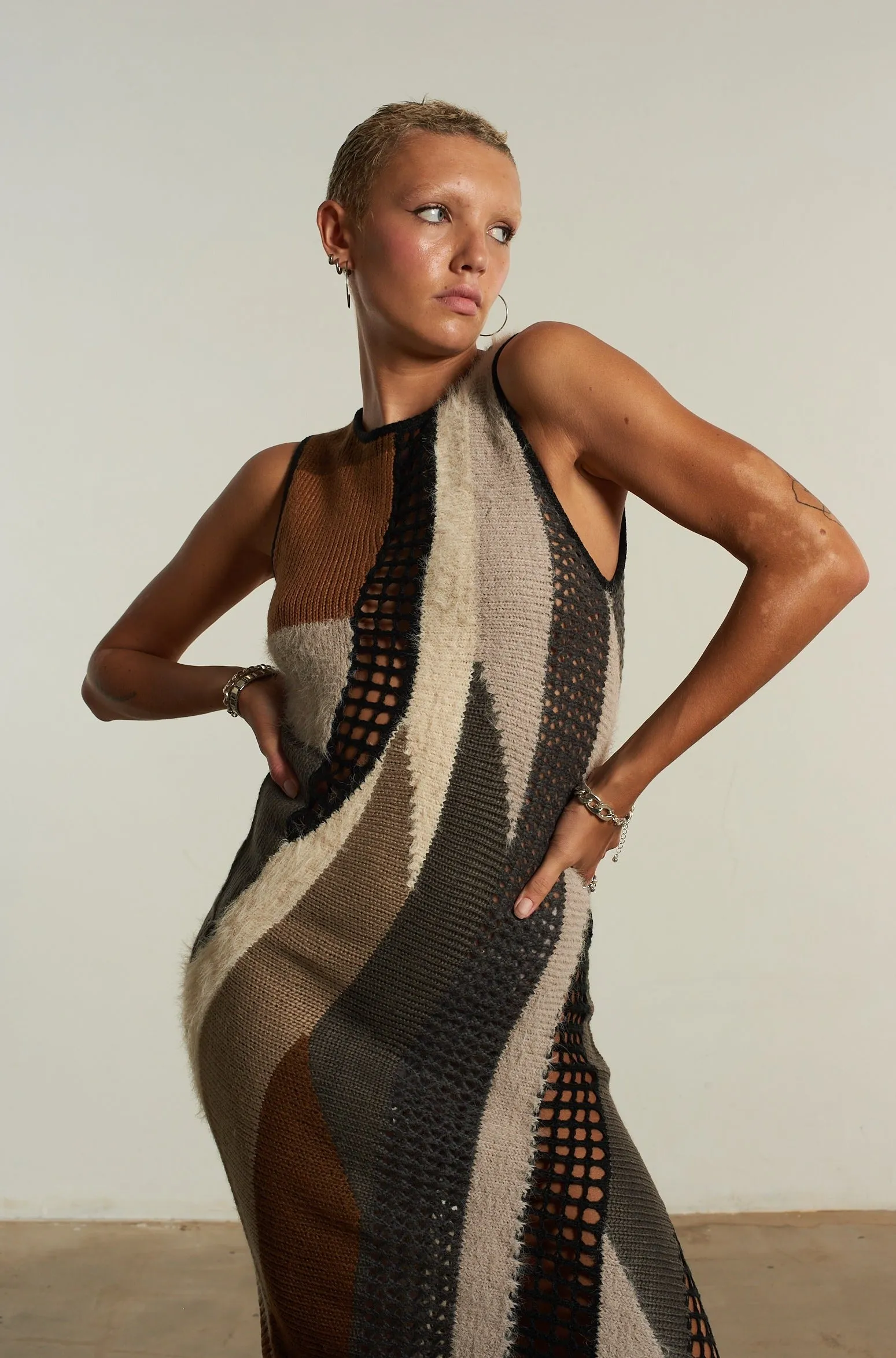 Crafted Patchwork Knit Midi Dress