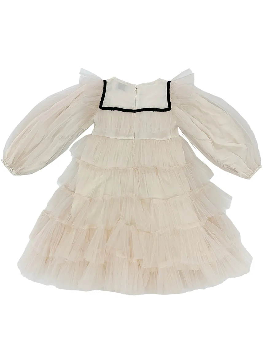 dress tulle layered with velvet trim bib design with bow - ecru