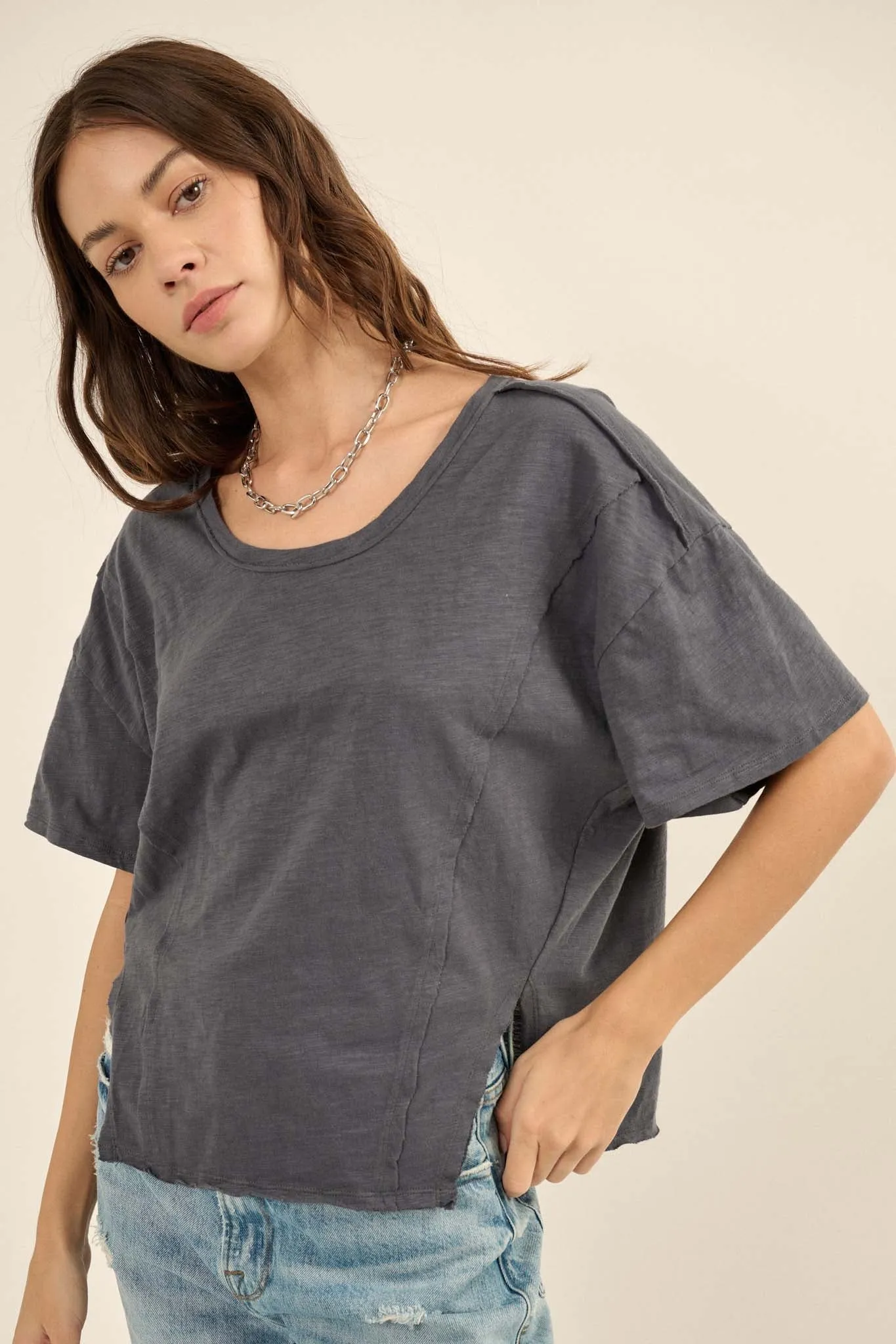 Easy Fit Vintage-Wash Slub Cotton Split-Hem Tee