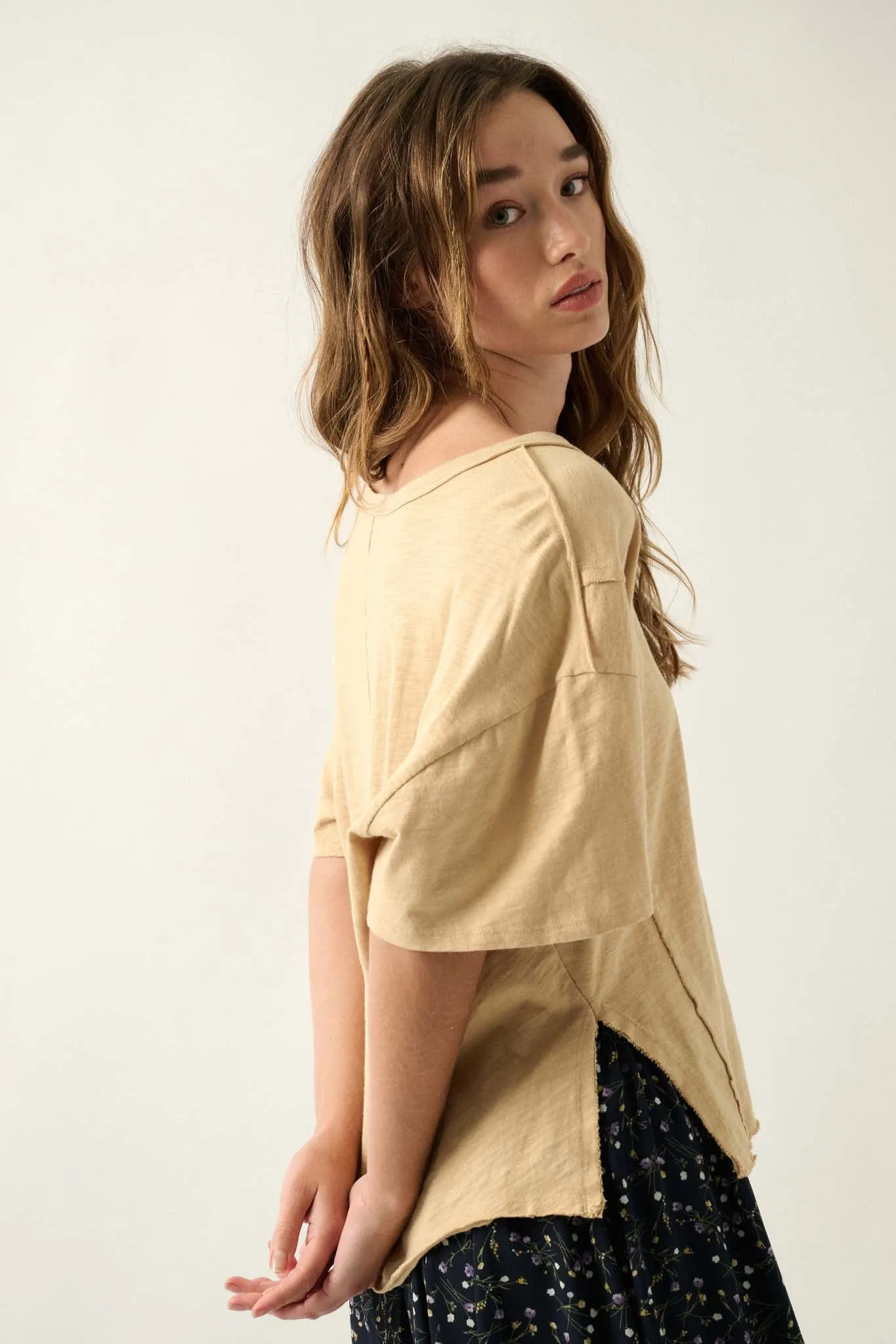 Easy Fit Vintage-Wash Slub Cotton Split-Hem Tee