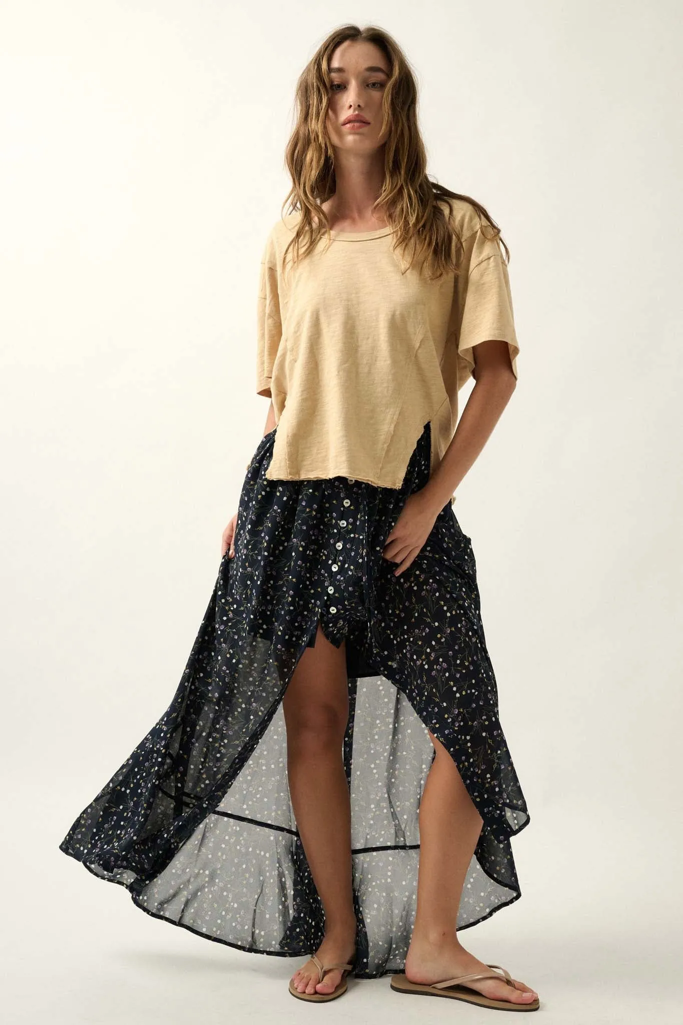 Easy Fit Vintage-Wash Slub Cotton Split-Hem Tee