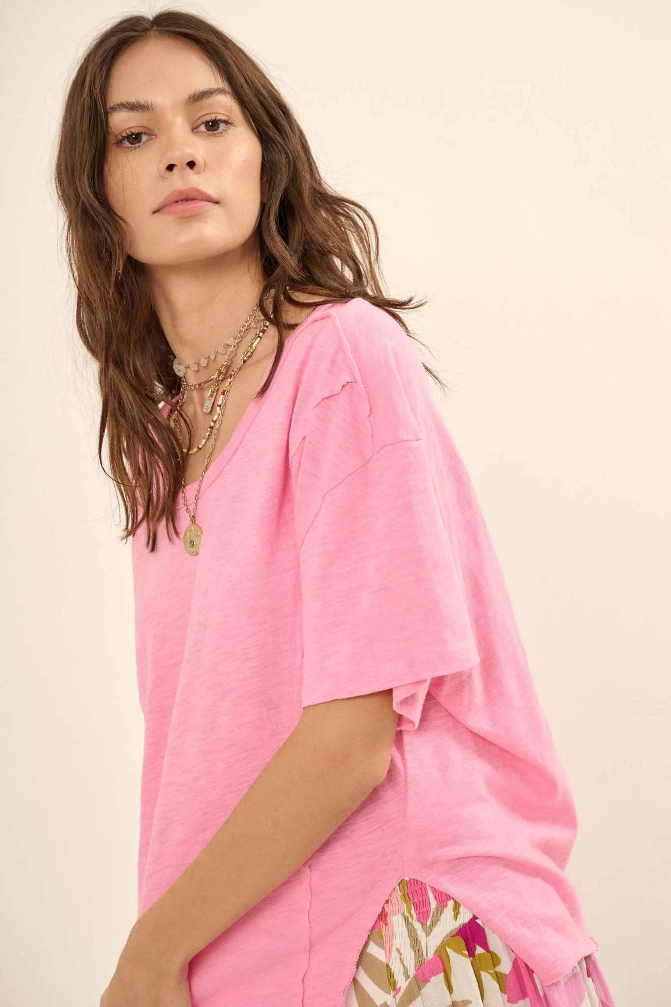 Easy Fit Vintage-Wash Slub Cotton Split-Hem Tee
