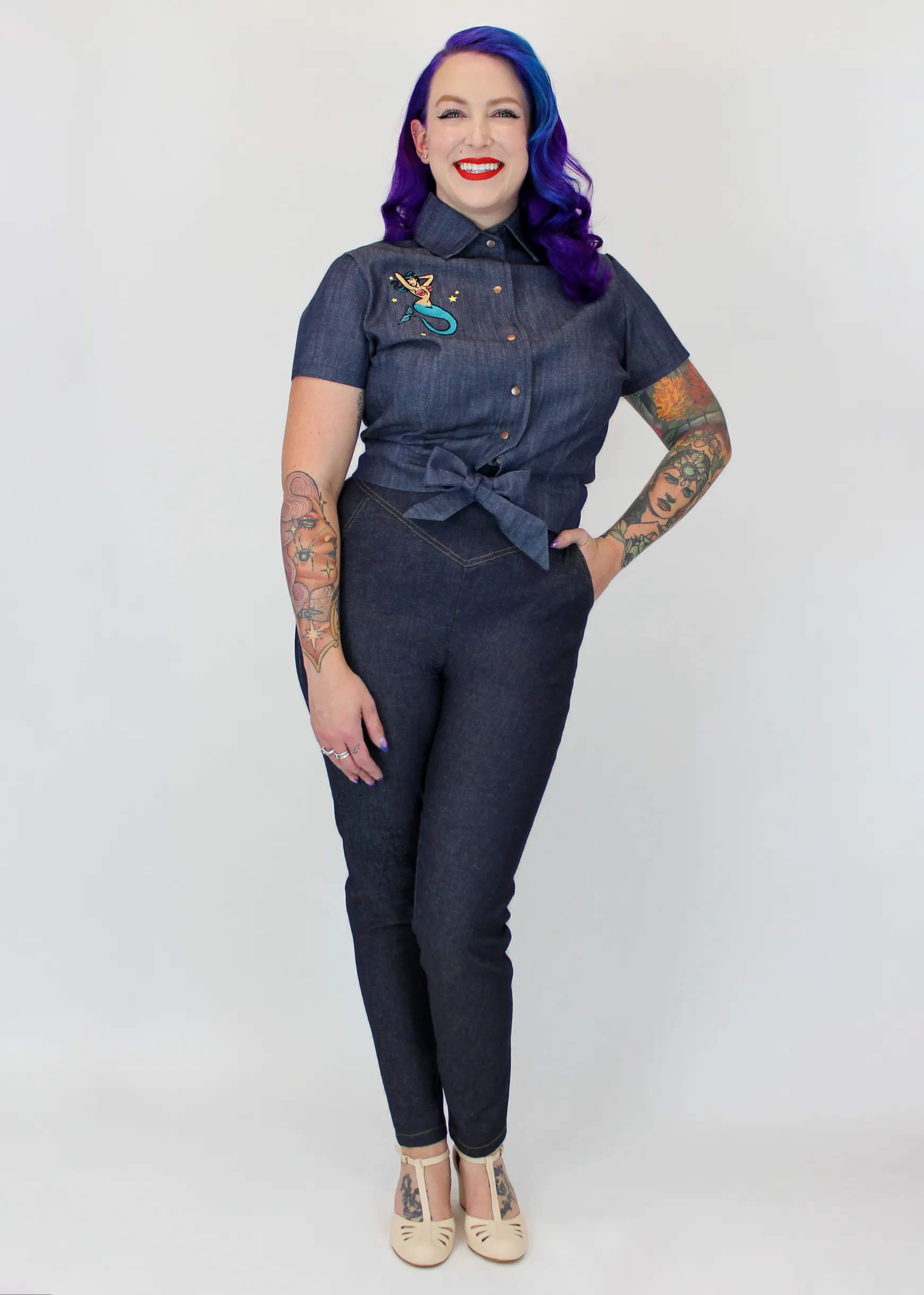 Embroidered Mermaid Denim Knot Top #E-DMKT