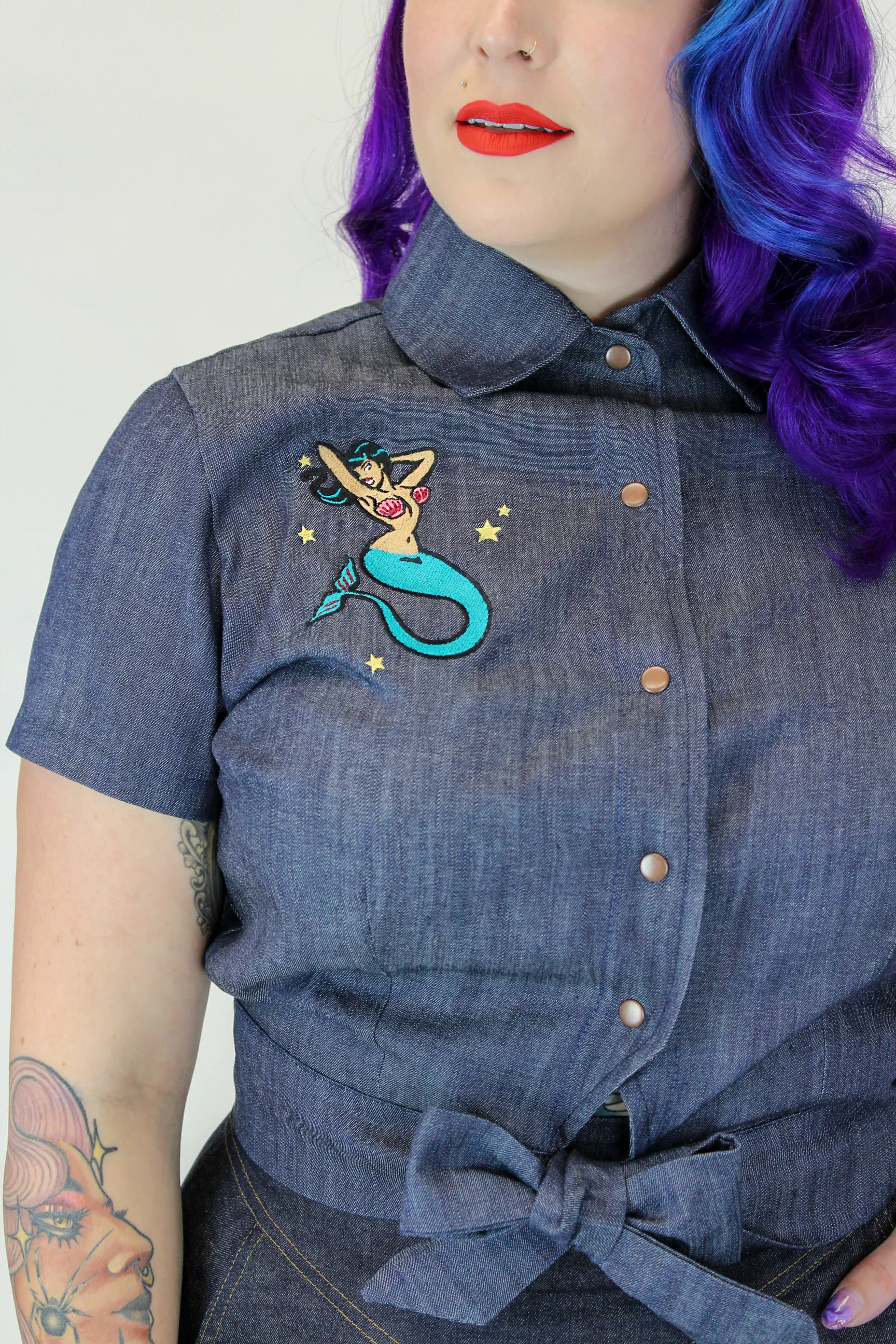 Embroidered Mermaid Denim Knot Top #E-DMKT