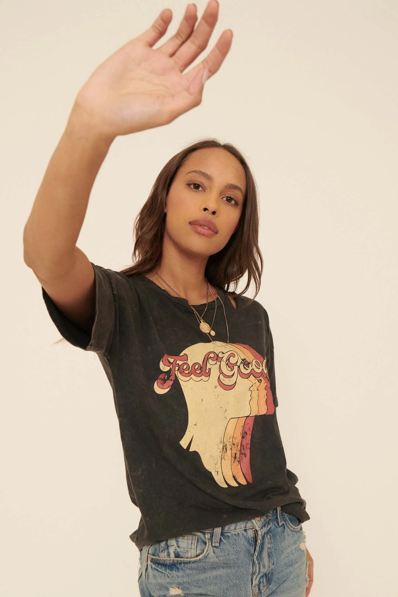 Feel Good Slashed Vintage-Wash Graphic Tee