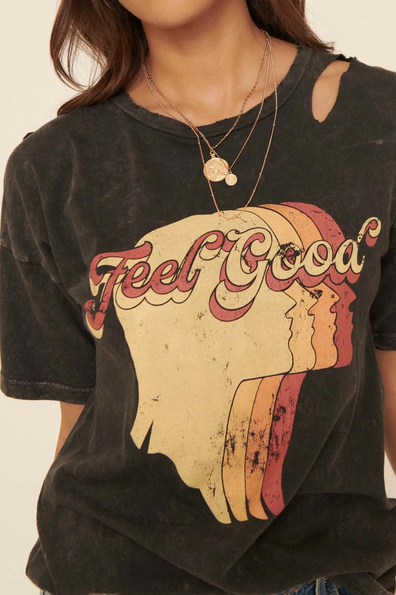 Feel Good Slashed Vintage-Wash Graphic Tee