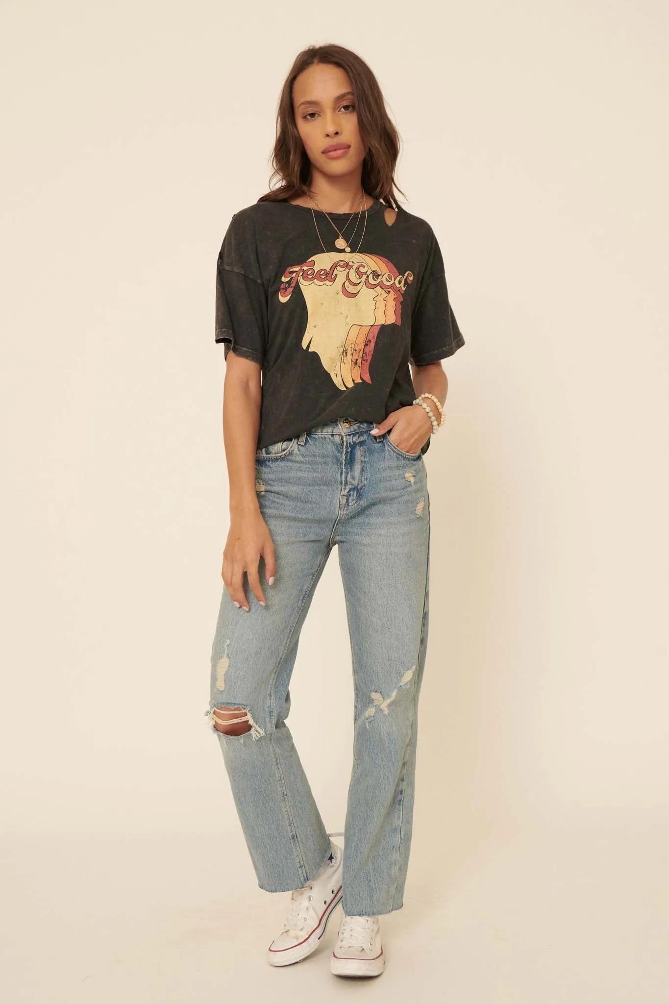 Feel Good Slashed Vintage-Wash Graphic Tee