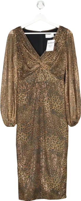 Fenn Wright Manson Brown Sequin Mesh Animal Print Midi Dress UK 8