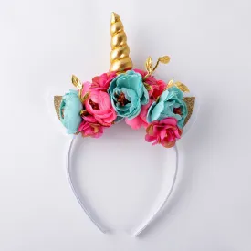 Floral Unicorn Headband - Aqua and Hot Pink