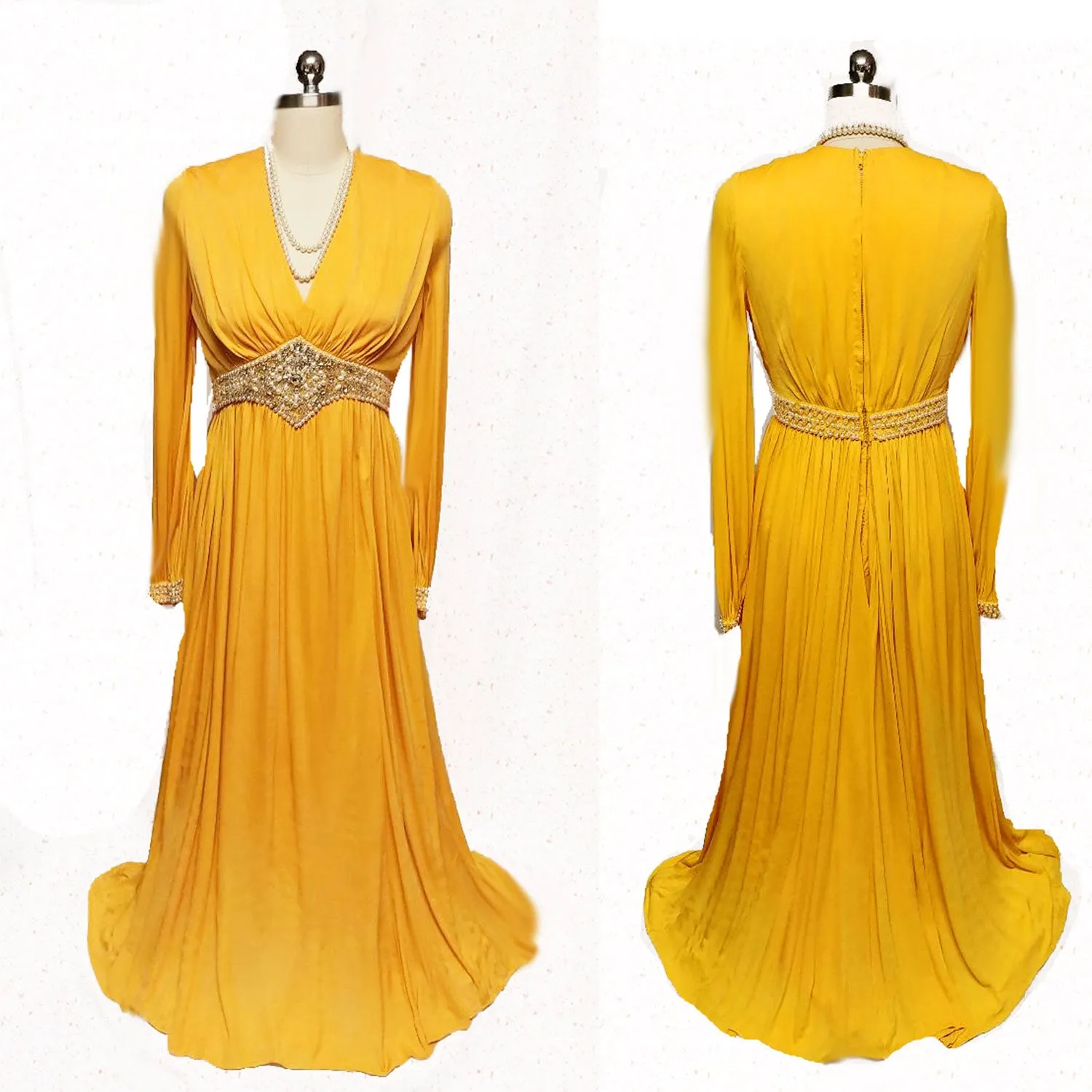 *GLAMOROUS VINTAGE GRAND SWEEP EVENING GOWN ENCRUSTED WITH RHINESTONES, PEARLS, SILVER BEADS AND CRYSTALS WITH METAL ZIPPER IN PHARAOH'S GOLD