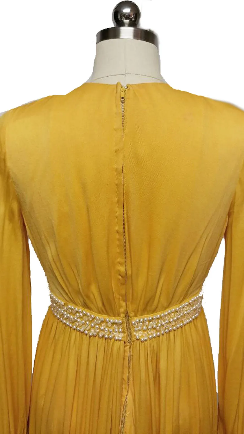 *GLAMOROUS VINTAGE GRAND SWEEP EVENING GOWN ENCRUSTED WITH RHINESTONES, PEARLS, SILVER BEADS AND CRYSTALS WITH METAL ZIPPER IN PHARAOH'S GOLD