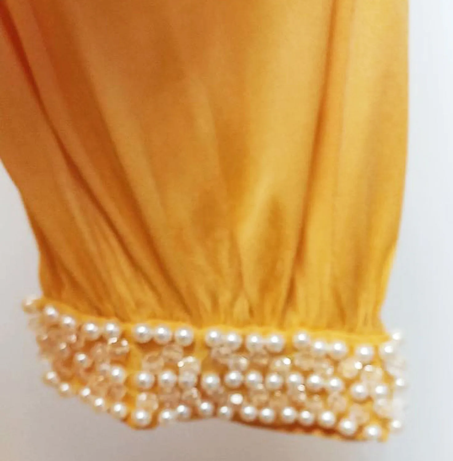 *GLAMOROUS VINTAGE GRAND SWEEP EVENING GOWN ENCRUSTED WITH RHINESTONES, PEARLS, SILVER BEADS AND CRYSTALS WITH METAL ZIPPER IN PHARAOH'S GOLD