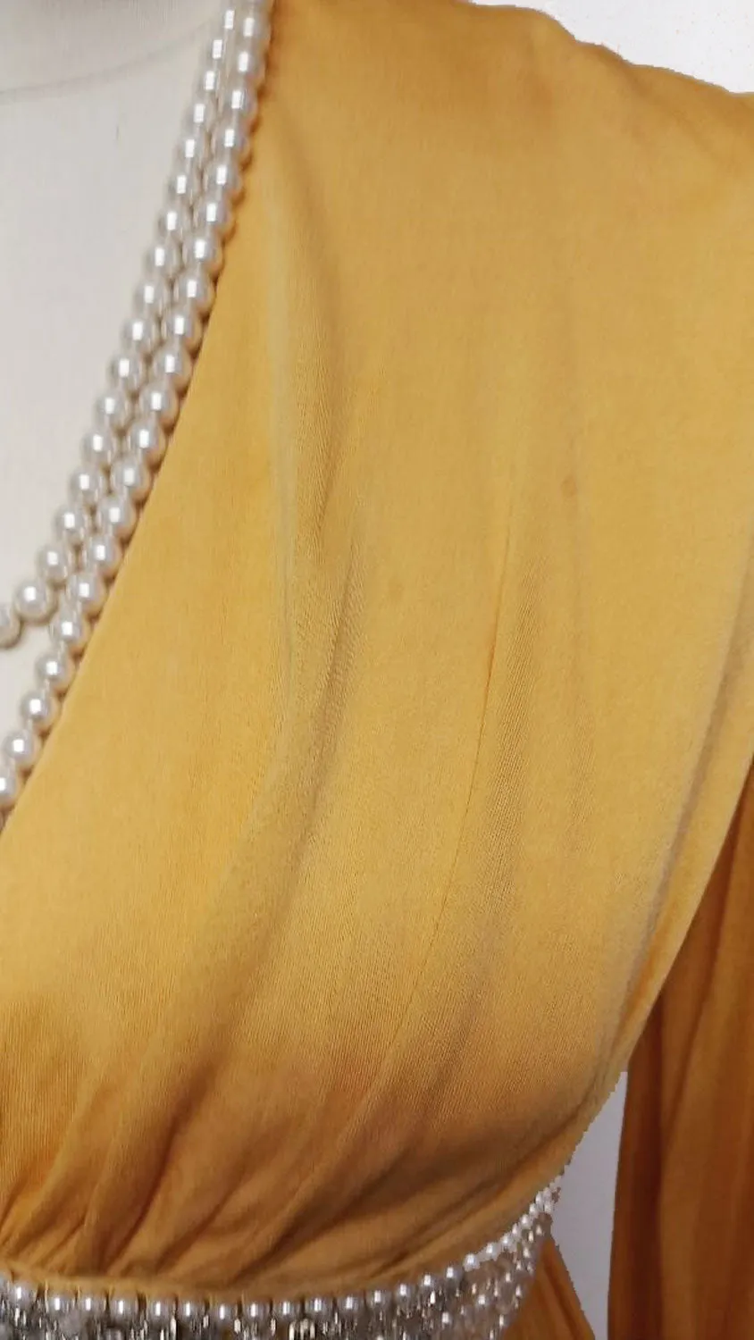 *GLAMOROUS VINTAGE GRAND SWEEP EVENING GOWN ENCRUSTED WITH RHINESTONES, PEARLS, SILVER BEADS AND CRYSTALS WITH METAL ZIPPER IN PHARAOH'S GOLD