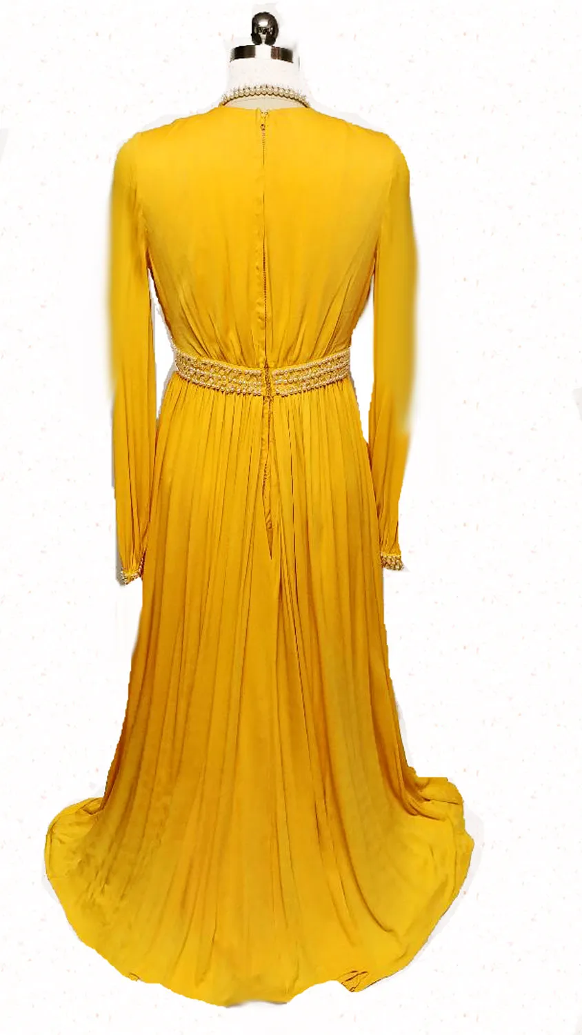 *GLAMOROUS VINTAGE GRAND SWEEP EVENING GOWN ENCRUSTED WITH RHINESTONES, PEARLS, SILVER BEADS AND CRYSTALS WITH METAL ZIPPER IN PHARAOH'S GOLD