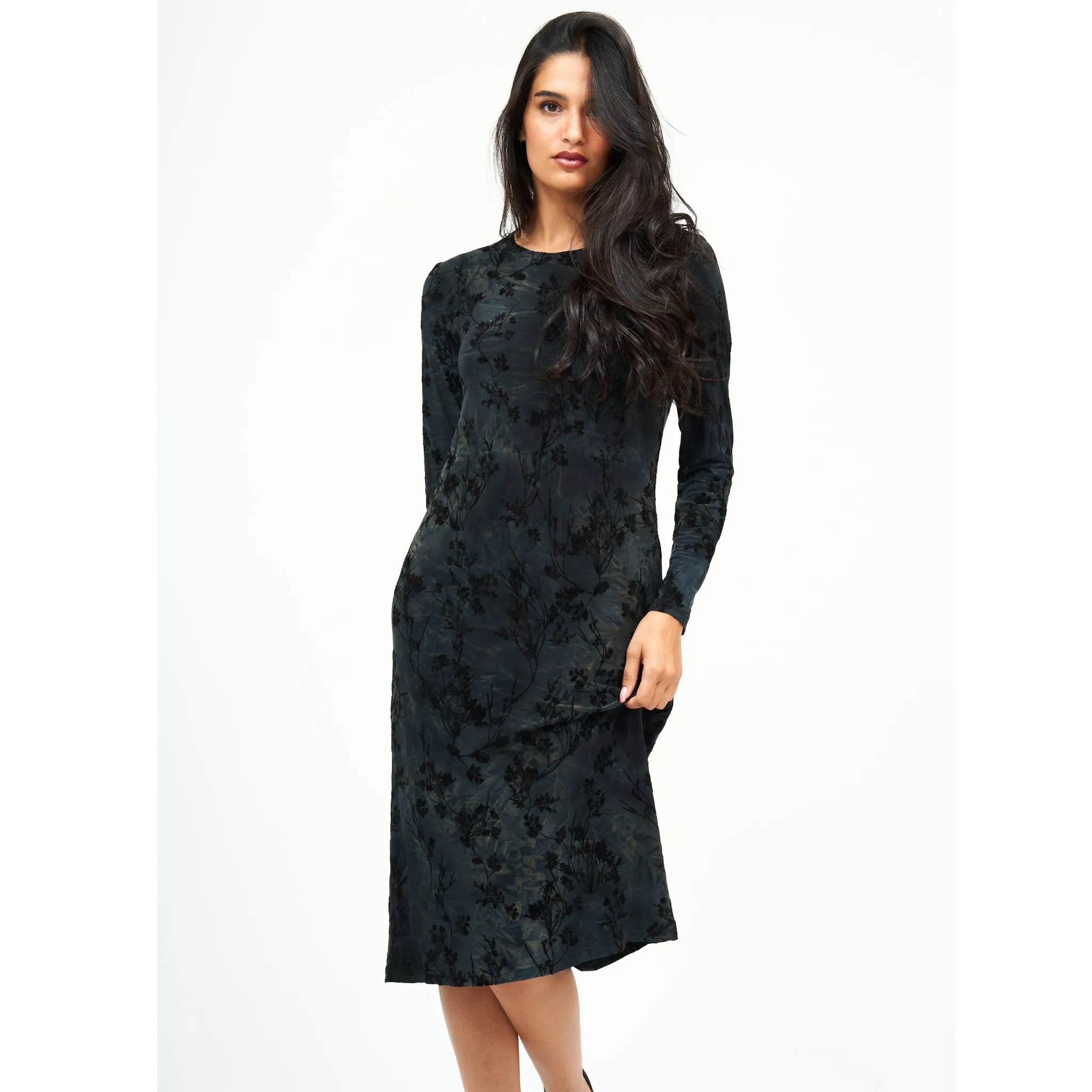 Grey Floral Velvet Loose Basic Dress by DF